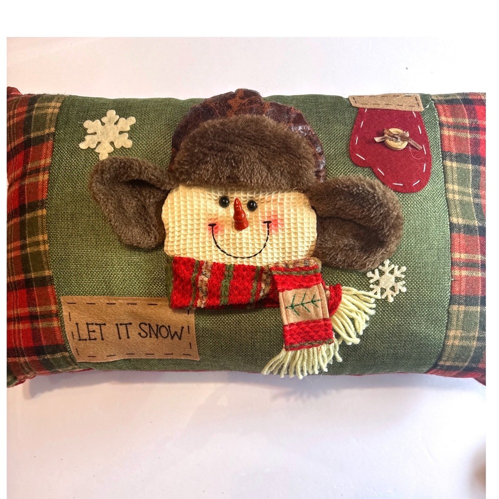 Hobby Lobby Snowman Decorative Pillow OS Green Red‎ Excellent Plaid Let It Snow